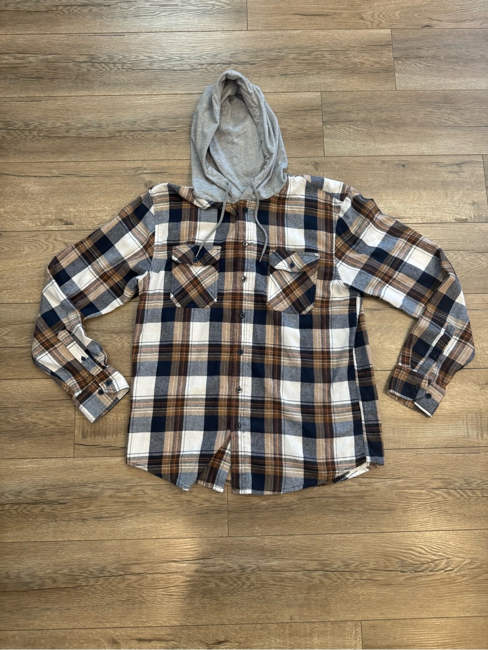 RSQ Brown Navy White Plaid Lightweight Hooded Shirt Jacket
